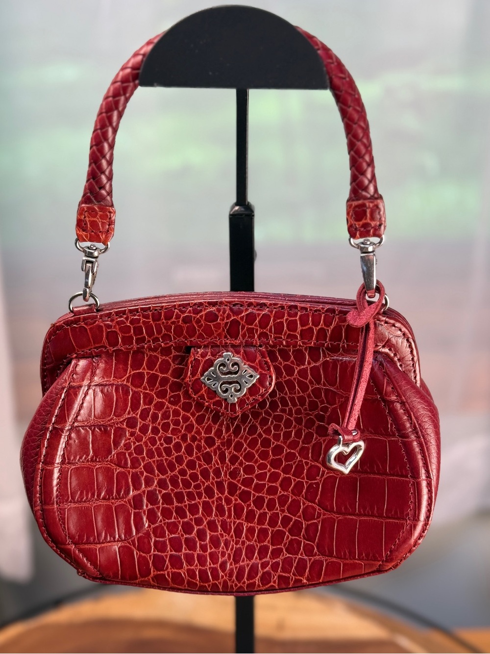 Brighton Red Croc Embossed Mini Kiss Lock Bag Braided Handle with Crossbody EUC